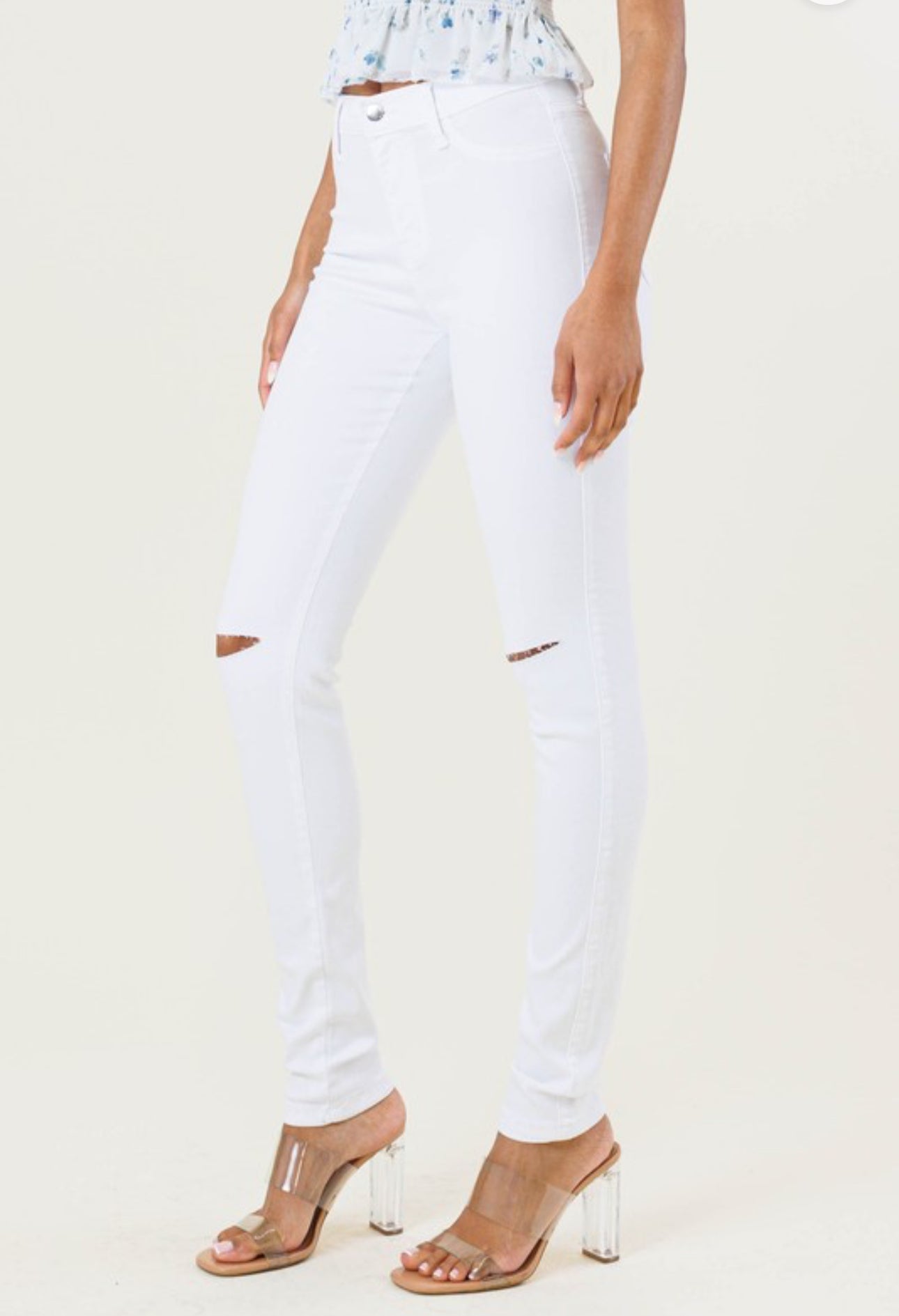 White Slit Knee High Waisted Jeans