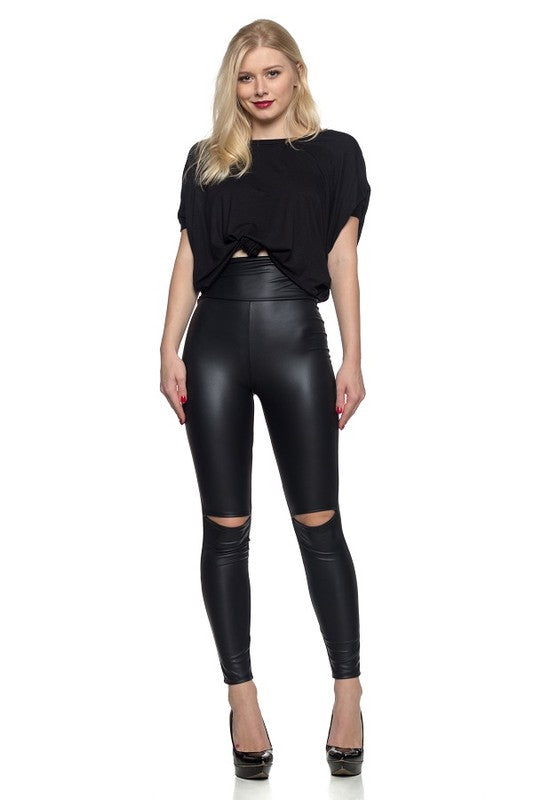 Slit Knee Faux Leather Leggings