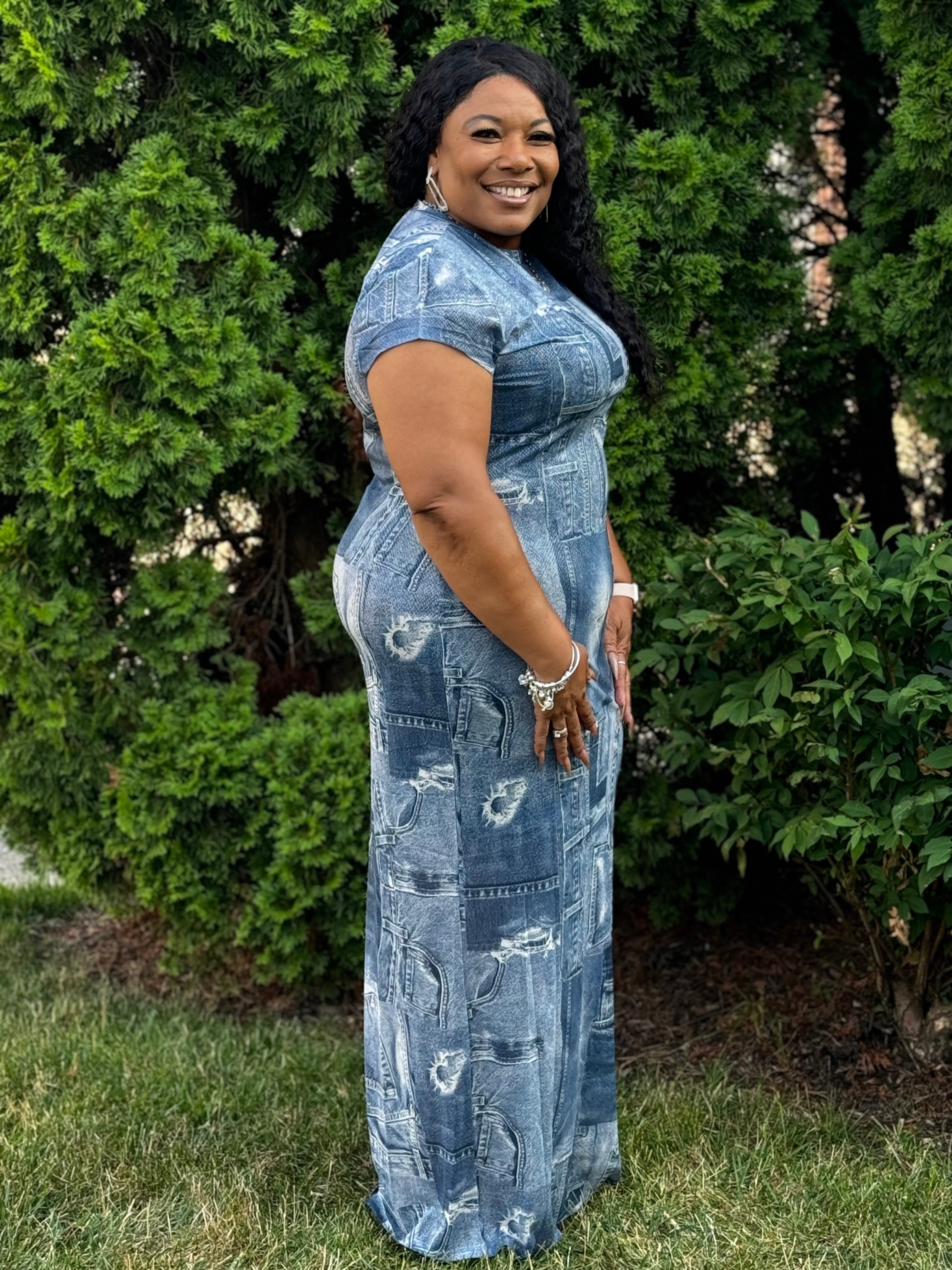 Blue Denim Print Maxi Dress