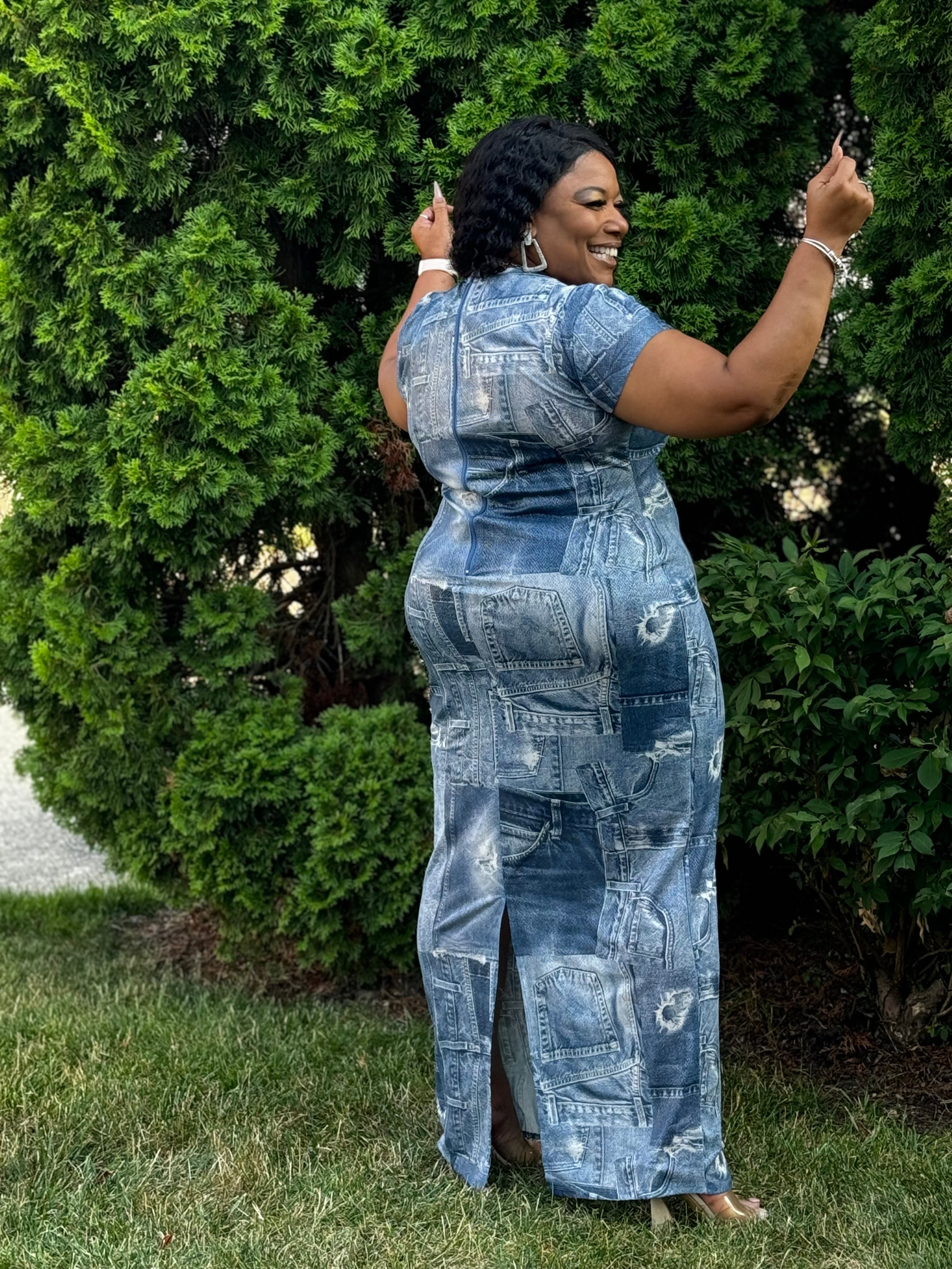 Blue Denim Print Maxi Dress