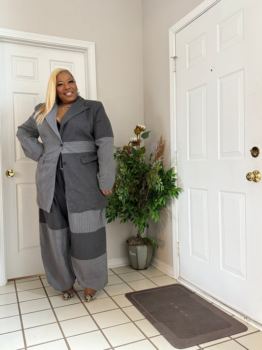 Grey Pinstripe Patchwork Drawstring Pants