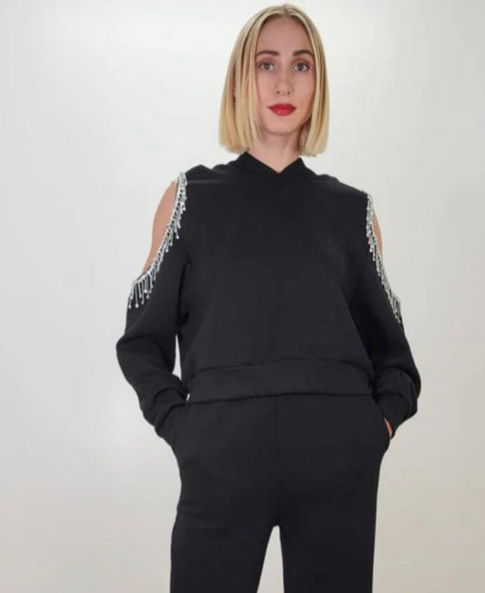 Black Rhinestone Cold Shoulder Sweatshirt