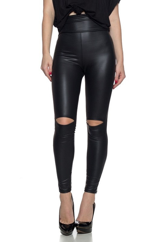 Slit Knee Faux Leather Leggings